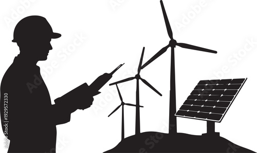 Engineer inspecting renewable energy sources silhouette