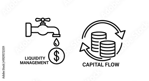 Liquidity Management and Capital Flow Icons: Dripping Faucet and Coin Rotation