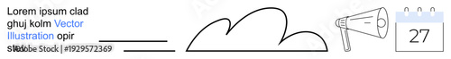 Announcement, reminders, event planning, communication, notifications, cloud-based concepts. Simple line art of a cloud, megaphone and calendar date. Announcement and reminders concept