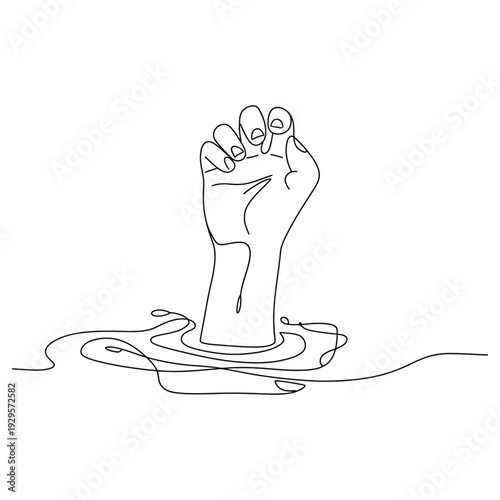 Minimalist continuous line drawing of a human hand reaching up from water