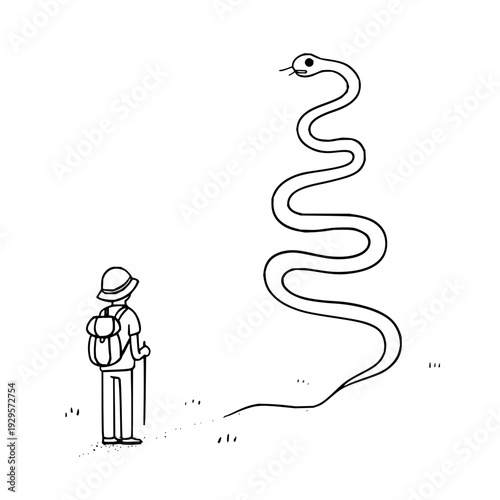 Man facing giant snake, illustration, white background