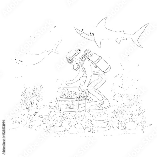 Scuba Diver Finding Treasure Chest Underwater with Shark