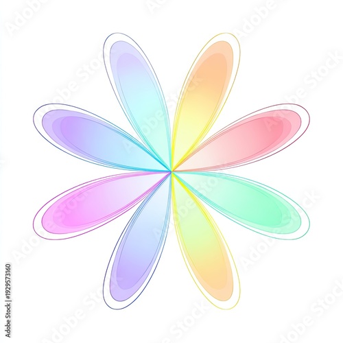 A stylized eight-petal flower rendered in soft pastel hues against a stark white background