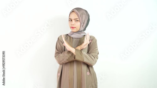 Muslim Woman with Serious Expression and No or Stop Gesture Isolated on White Background in 4k Video