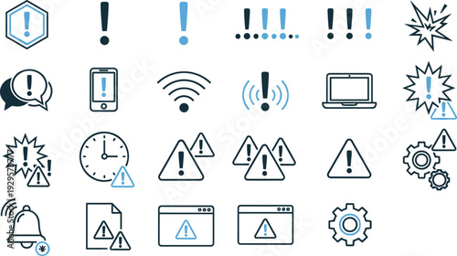 Warning and alert icon set with notification symbols error signs and system security elements