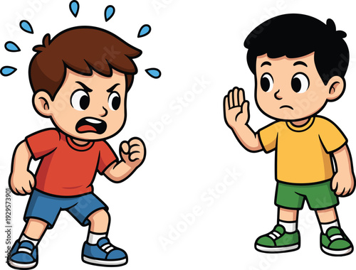 Angry boy arguing with friend cartoon illustration, conflict between children concept, isolated on white background