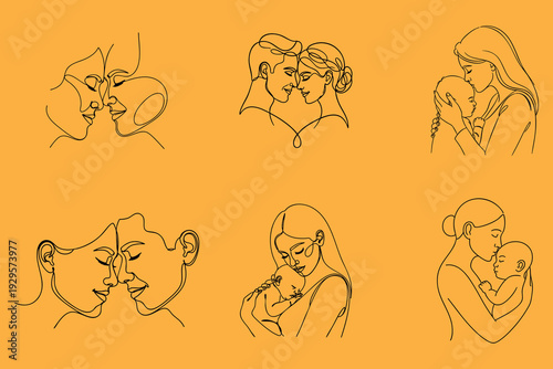 Minimalist line art collection of love, intimacy, and maternal care featuring couples and mothers with babies on orange background design.