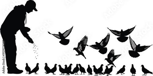 Black and white silhouette illustration of person feeding pigeons, with birds flying and gathering on ground, symbolizing peaceful human interaction with wildlife and nature