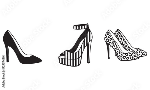 Stylish black and white high heel shoe illustrations featuring a variety of stiletto pumps, platform heels, ankle strap shoes, and animal print designs
