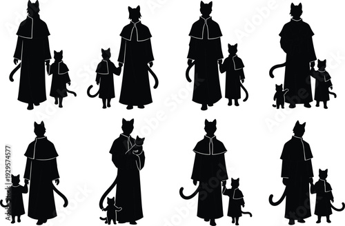 Black silhouette illustration of anthropomorphic cats in robes, depicting parent and child pairs, symbolizing family, care, companionship, and stylized character artwork for design projects