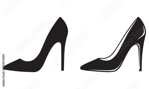 Stylish black and white high heel shoe illustrations featuring a variety of stiletto pumps, platform heels, ankle strap shoes, and animal print designs