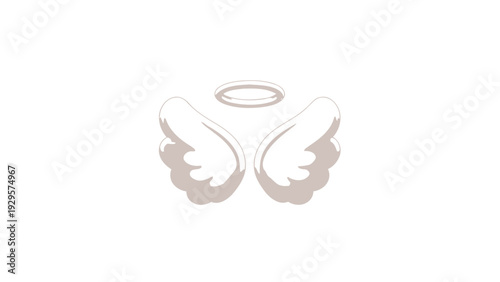 Simple illustration of white angel wings with a halo on a plain white background in a minimalist style.