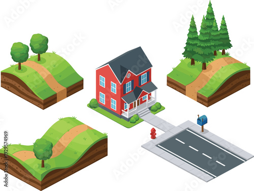 Isometric suburban landscape elements vector set, house road trees terrain blocks, isolated on white background
