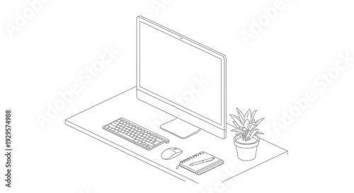 Isometric line art of an office desk with laptop, mouse, keyboard, notebook, and plant, in bright studio.