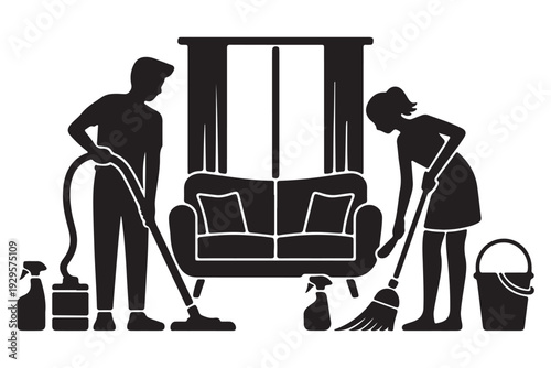 Couple cleaning home interior living room with sofa vacuum cleaner broom bottles and bucket hygiene concept silhouette illustration