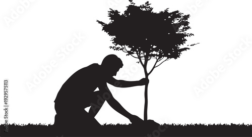 Silhouette of person planting a tree on white background