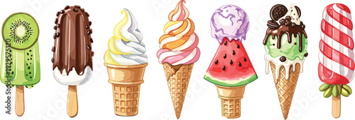 Colorful set of ice cream cones and popsicles with various flavors like kiwi chocolate strawberry and watermelon isolated on white background for summer dessert design