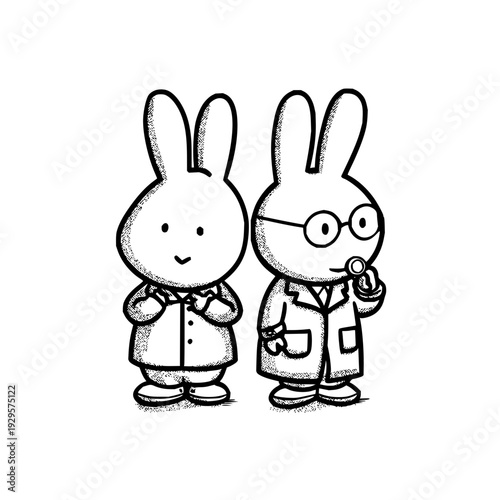 Two Rabbits Standing Together in Lab Coats