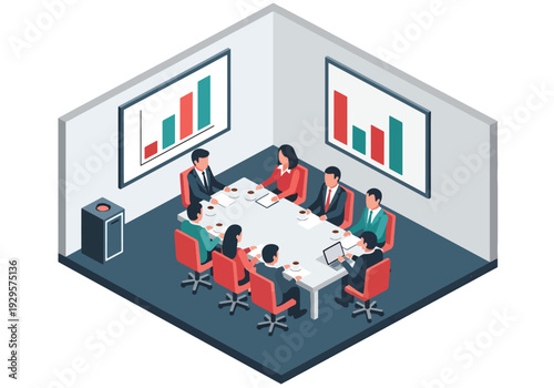 Isometric 3D vector illustration of corporate executives in boardroom meeting discussing charts and strategy representing leadership, planning and business decision making