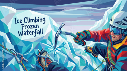 colorful ice climbing scene cartoon on a frozen waterfall representing extreme winter sport and adventure challenge