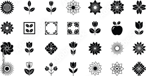 Black floral icon collection with decorative flowers botanical symbols and ornamental design elements