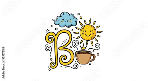 Whimsical doodle 'B' letter with sun, cloud, and coffee cup, isolated white background.