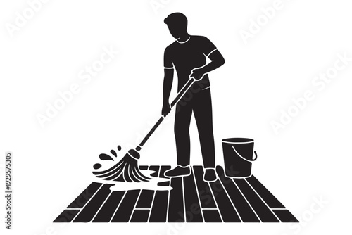 Man cleaning floor with mop and bucket on transparent background concept of hygiene sanitation housework chores