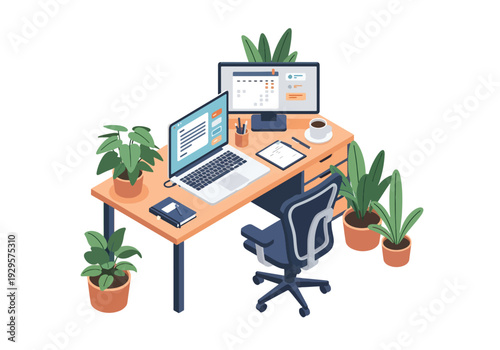 Isometric 3D vector illustration of remote work home office with laptop and calendar showing modern freelance, productivity and digital business lifestyle concept