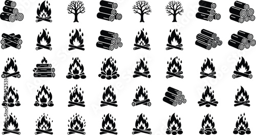 Black silhouette vector illustration of logs, trees, and campfires arranged in structured grid pattern, educational artwork symbolizing repetition, sequence recognition, cognitive training, 