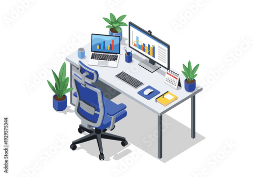 Isometric 3D vector illustration of remote work home office with laptop and calendar showing modern freelance, productivity and digital business lifestyle concept