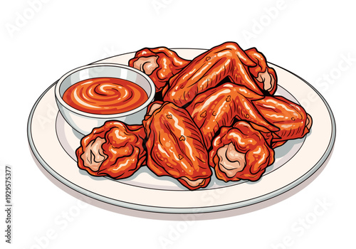 A plate of glazed chicken wings and a small bowl of extra dipping sauce. Isolated on a white background. Bold, energetic pop art.