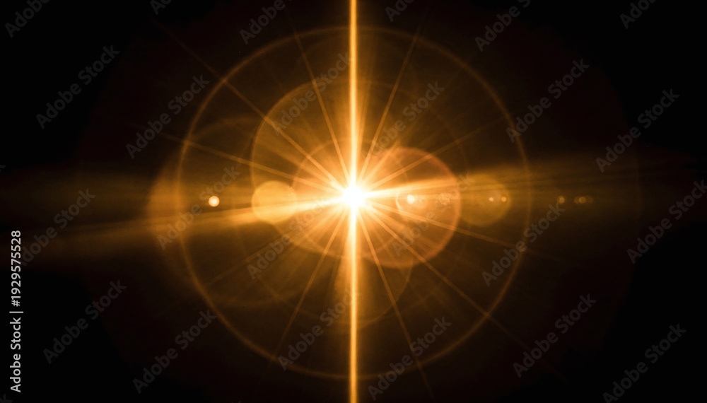 Fototapeta premium Abstract Golden Light Flare on Black Background with Radial Rays and Glow