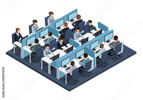 Isometric 3D vector illustration of customer service call center with agents wearing headsets representing support operations, communication and service business concept