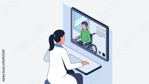 Woman working remotely on computer, focused on video call with colleague, sitting in office, illustration, modern workplace