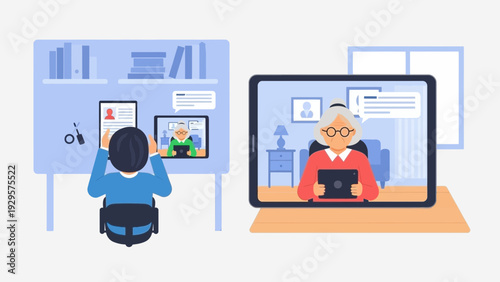 A person working on a laptop with multiple screens displaying various tasks and a large screen showing a person working remotely