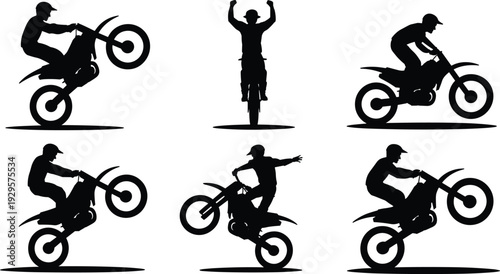 Motocross rider stunt silhouette collection, dirt bike wheelie and freestyle tricks set, extreme motorsport isolated on white background