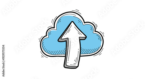 Hand Drawn Cloud with Upward Arrow Icon Symbolizing Data Upload to Cloud Storage on Isolated White Background