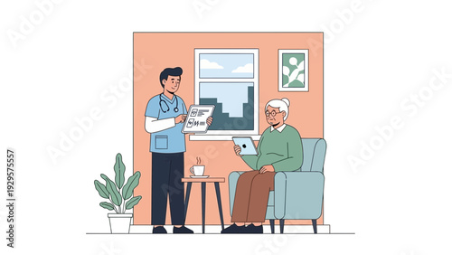 Healthcare professional consulting with senior patient in a living room setting with furniture and decor
