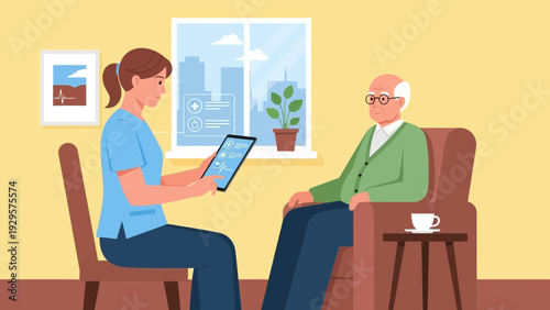 A healthcare professional discusses medical information on a tablet with an elderly patient in a cozy living room setting from a slightly elevated viewpoint.