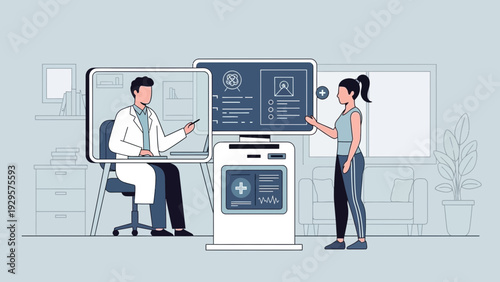 Doctor and patient examining medical imaging on computer screens in modern hospital office