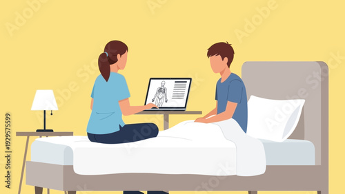 Doctor examining patient on hospital bed with medical imaging on laptop in a clinical setting from a slight overhead viewpoint