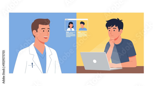 Doctor consulting with patient remotely via laptop in a modern office setting from a front view