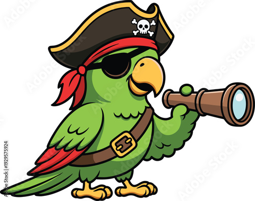 Pirate parrot mascot illustration, cartoon bird with spyglass and eyepatch, isolated on white background