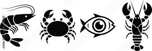 Set of four black silhouette aquatic animal icons featuring shrimp, crab, fish, and lobster, perfect for seafood logos, marine design, or educational artwork projects