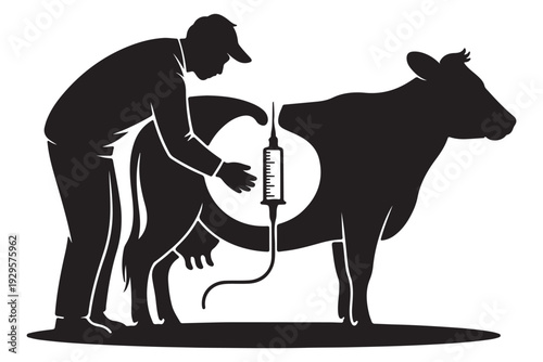Milk injection from cow to man through syringe concept of dairy industry agriculture animal farming biotechnology