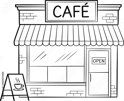 Cafe storefront line drawing with striped awning open sign and coffee cup on sandwich board