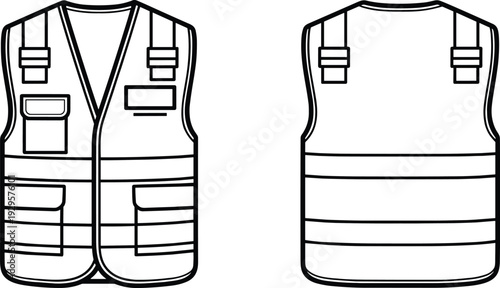 Safety vest front and back view vector template, reflective workwear uniform design, isolated on white background
