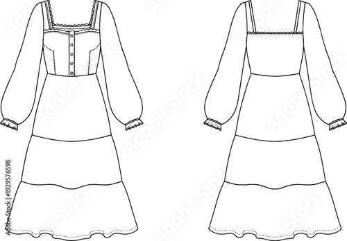 Women Boho Long Sleeve Maxi Dress Technical CAD Drawing, Front and Back View Flat Vector Illustration