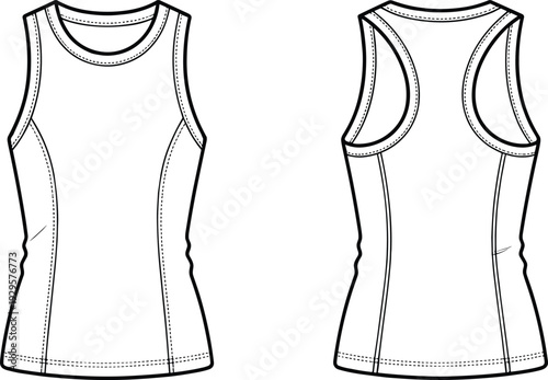 Women Racerback Tank Top Technical CAD Drawing, Front and Back View Flat Vector Illustration Template