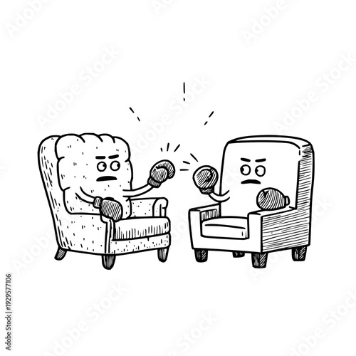 Angry Armchairs Arguing with Microphones in Cartoon Style